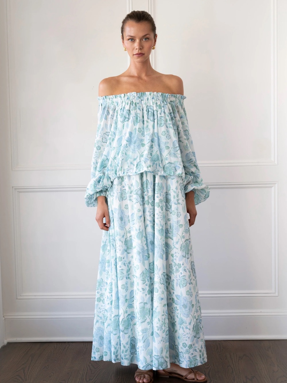 Off-Shoulder Floral Maxi Dress in Light Blue